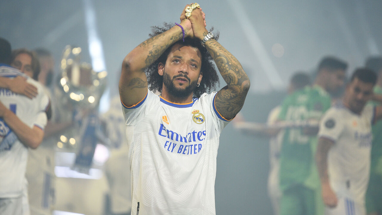 MADRID, SPAIN - MAY 29: Marcelo of Real Madrid acknowledges supporters during celebrations at estadio Santiago Bernabeu after winning the UEFA Champions League Final on May 29, 2022 in Madrid, Spain.