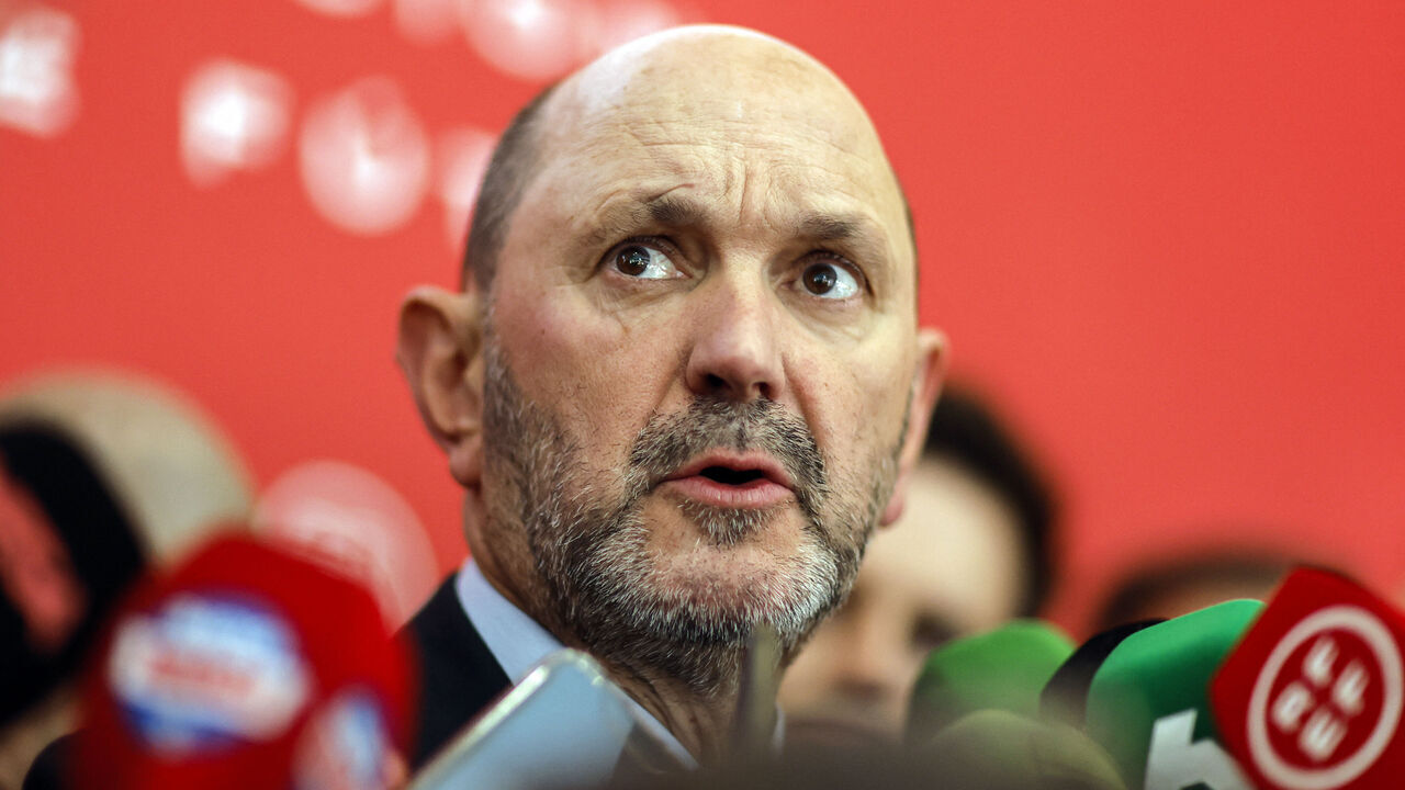 Newly elected Royal Spanish Football Federation president Rafael Louzan speaks to the media after being elected at the Ciudad del Futbol in Las Rozas, outside Madrid, on December 16, 2024.