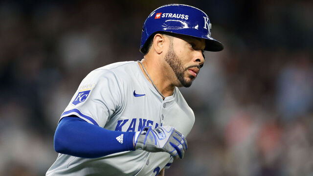 NEW YORK, NEW YORK - OCTOBER 05: Tommy Pham #22 of the Kansas City Royals hits a single against the New York Yankees during the fourth inning in Game One of the Division Series at Yankee Stadium on October 05, 2024 in New York City.