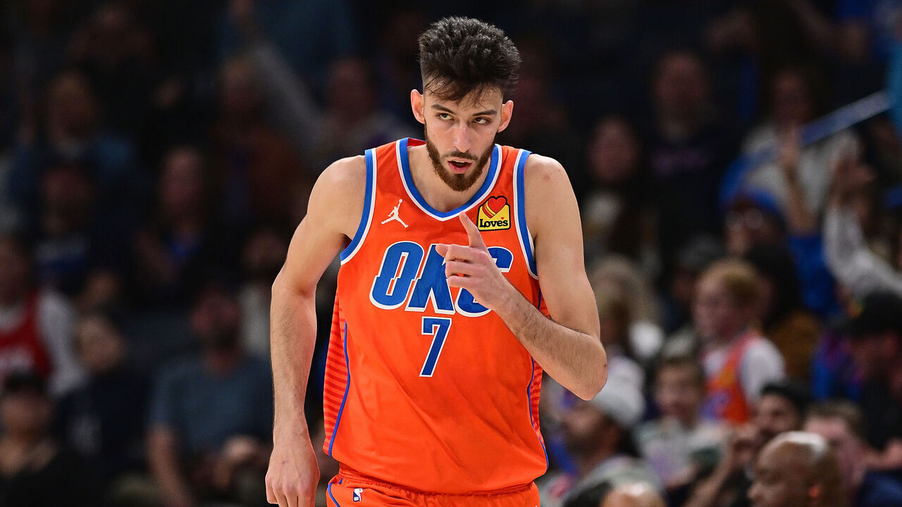 OKLAHOMA CITY, OKLAHOMA - NOVEMBER 8: Chet Holmgren #7 of the Oklahoma City Thunder reacts after a made basket during the first half against the Houston Rockets at Paycom Center on November 8, 2024 in Oklahoma City, Oklahoma.