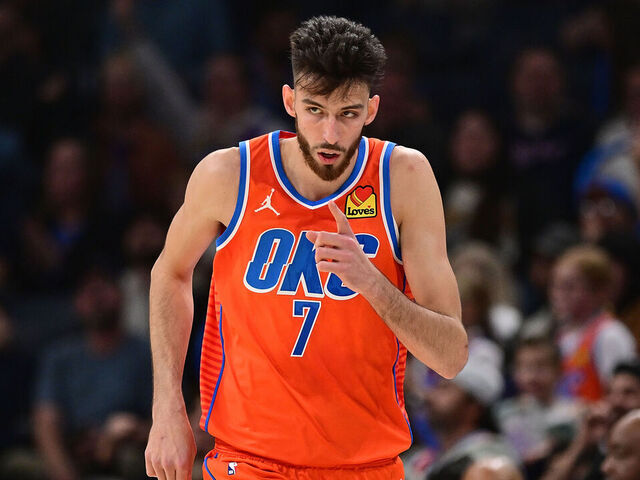 OKLAHOMA CITY, OKLAHOMA - NOVEMBER 8: Chet Holmgren #7 of the Oklahoma City Thunder reacts after a made basket during the first half against the Houston Rockets at Paycom Center on November 8, 2024 in Oklahoma City, Oklahoma.
