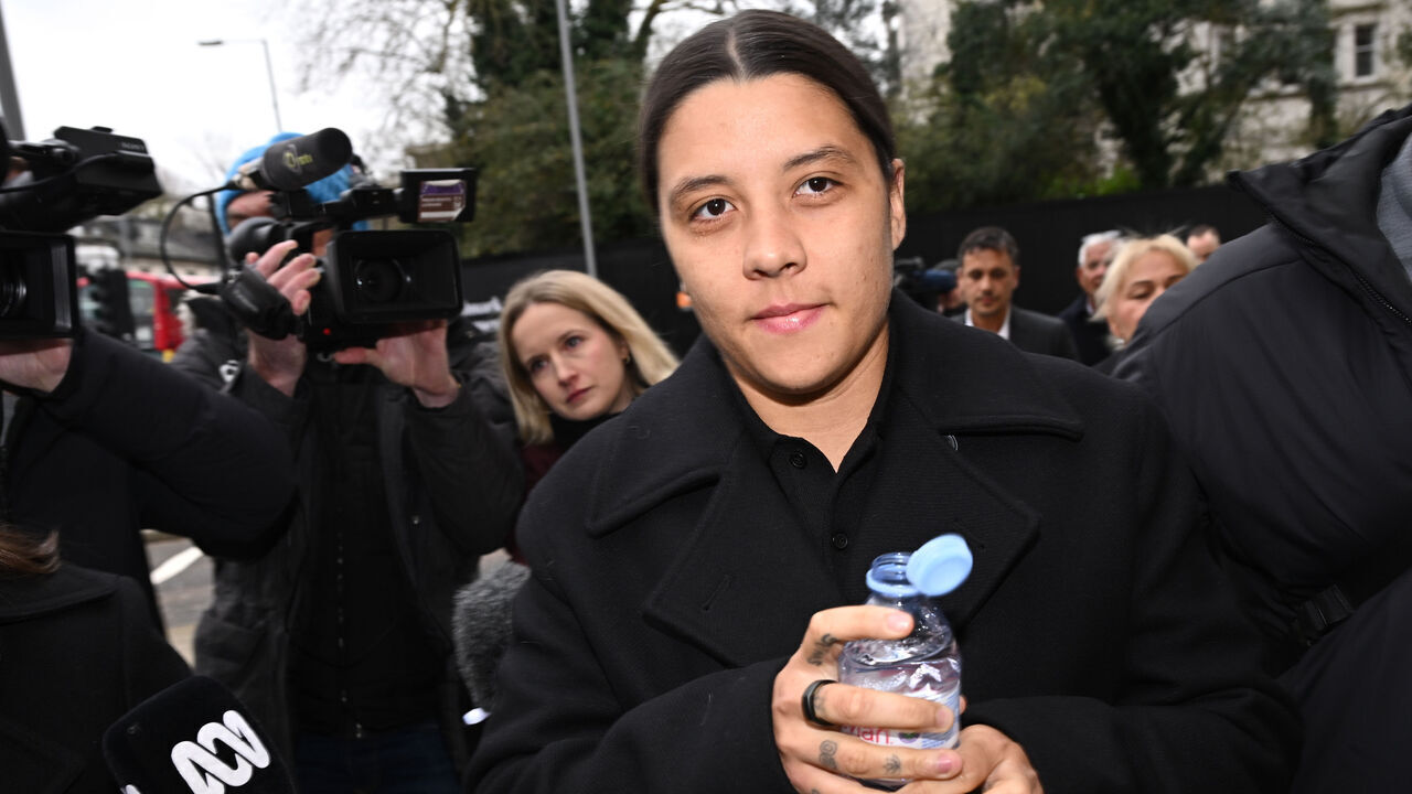 KINGSTON UPON THAMES, ENGLAND - FEBRUARY 3: Australian footballer Sam Kerr arrives outside the Crown Court ahead of her trial for a racial harassment case on February 3, 2025 in Kingston upon Thames, England. The Matildas star, who also plays professionally for Chelsea in the Women's Super League, is facing charges of "racially aggravated harassment" of a police officer related to an incident in Twickenham on January 30, 2023.