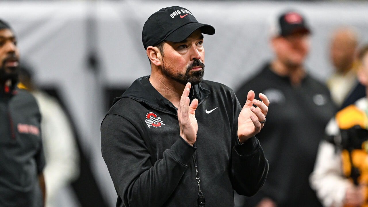 ATLANTA, GA JANUARY 20: Head Coach Ryan Day of the Ohio State Buckeyes reacts prior to the start of the Ohio State Buckeyes versus Notre Dame Fighting Irish College Football Playoff National Championship game on January 20, 2025, at Mercedes-Benz Stadium in Atlanta, GA.