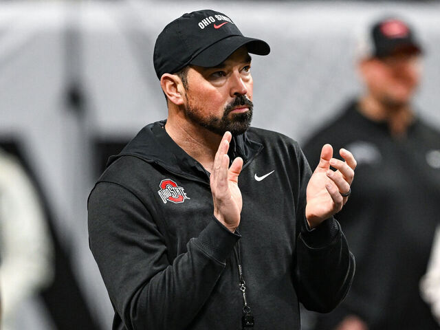 ATLANTA, GA JANUARY 20: Head Coach Ryan Day of the Ohio State Buckeyes reacts prior to the start of the Ohio State Buckeyes versus Notre Dame Fighting Irish College Football Playoff National Championship game on January 20, 2025, at Mercedes-Benz Stadium in Atlanta, GA.