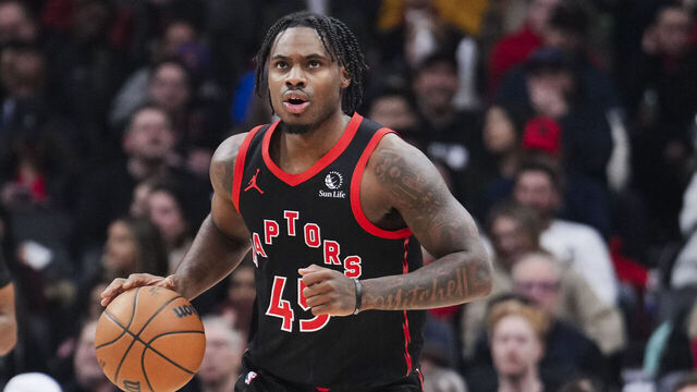 TORONTO, ON - JANUARY 31: Davion Mitchell #45 of the Toronto Raptors dribbles against the Chicago Bulls during the first half in their basketball game at the Scotiabank Arena on January 31, 2025 in Toronto, Ontario, Canada. NOTE TO USER: User expressly acknowledges and agrees that, by downloading and/or using this Photograph, user is consenting to the terms and conditions of the Getty Images License Agreement.