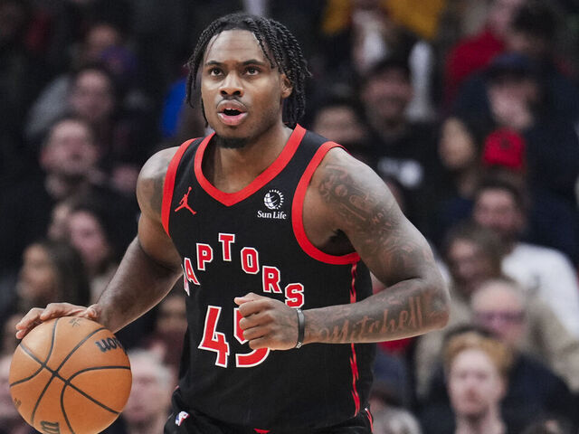 TORONTO, ON - JANUARY 31: Davion Mitchell #45 of the Toronto Raptors dribbles against the Chicago Bulls during the first half in their basketball game at the Scotiabank Arena on January 31, 2025 in Toronto, Ontario, Canada. NOTE TO USER: User expressly acknowledges and agrees that, by downloading and/or using this Photograph, user is consenting to the terms and conditions of the Getty Images License Agreement.