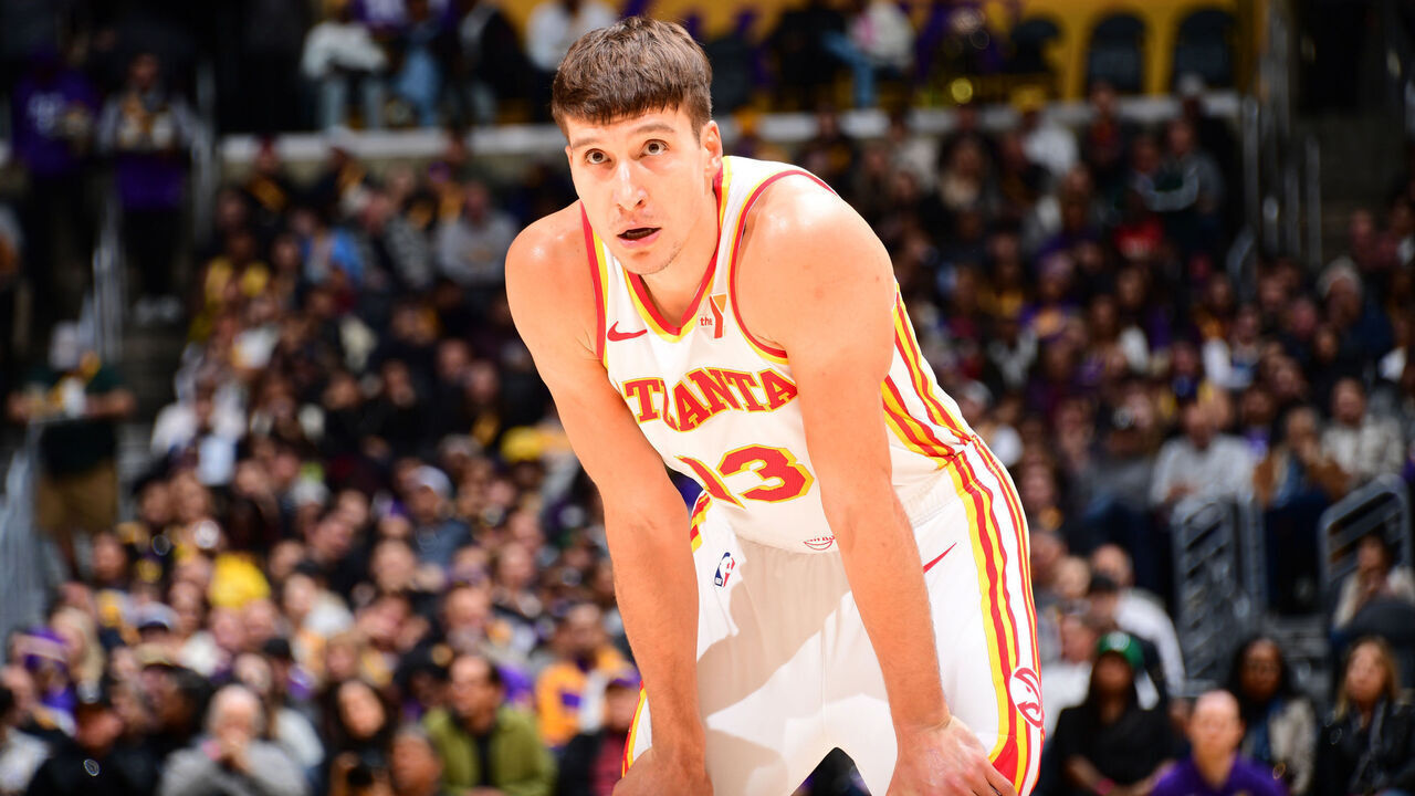 LOS ANGELES, CA - JANUARY 3: Bogdan Bogdanovic #13 of the Atlanta Hawks looks on during the game against the Los Angeles Lakers on January 3, 2025 at Crypto.Com Arena in Los Angeles, California. NOTE TO USER: User expressly acknowledges and agrees that, by downloading and/or using this Photograph, user is consenting to the terms and conditions of the Getty Images License Agreement. Mandatory Copyright Notice: Copyright 2025 NBAE