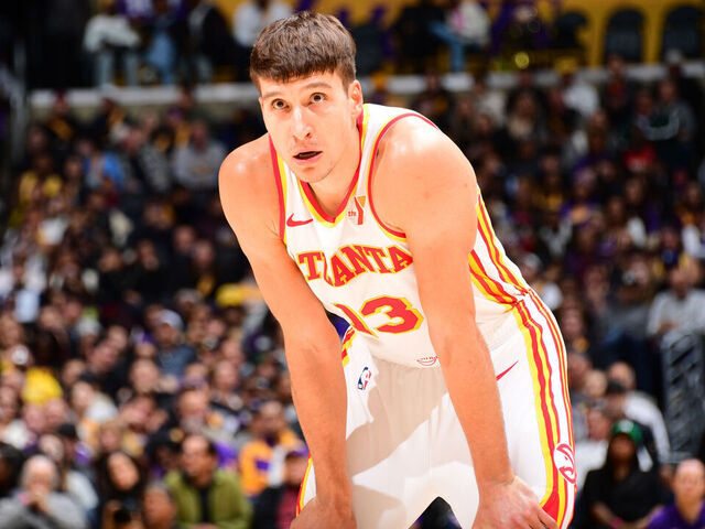 LOS ANGELES, CA - JANUARY 3: Bogdan Bogdanovic #13 of the Atlanta Hawks looks on during the game against the Los Angeles Lakers on January 3, 2025 at Crypto.Com Arena in Los Angeles, California. NOTE TO USER: User expressly acknowledges and agrees that, by downloading and/or using this Photograph, user is consenting to the terms and conditions of the Getty Images License Agreement. Mandatory Copyright Notice: Copyright 2025 NBAE