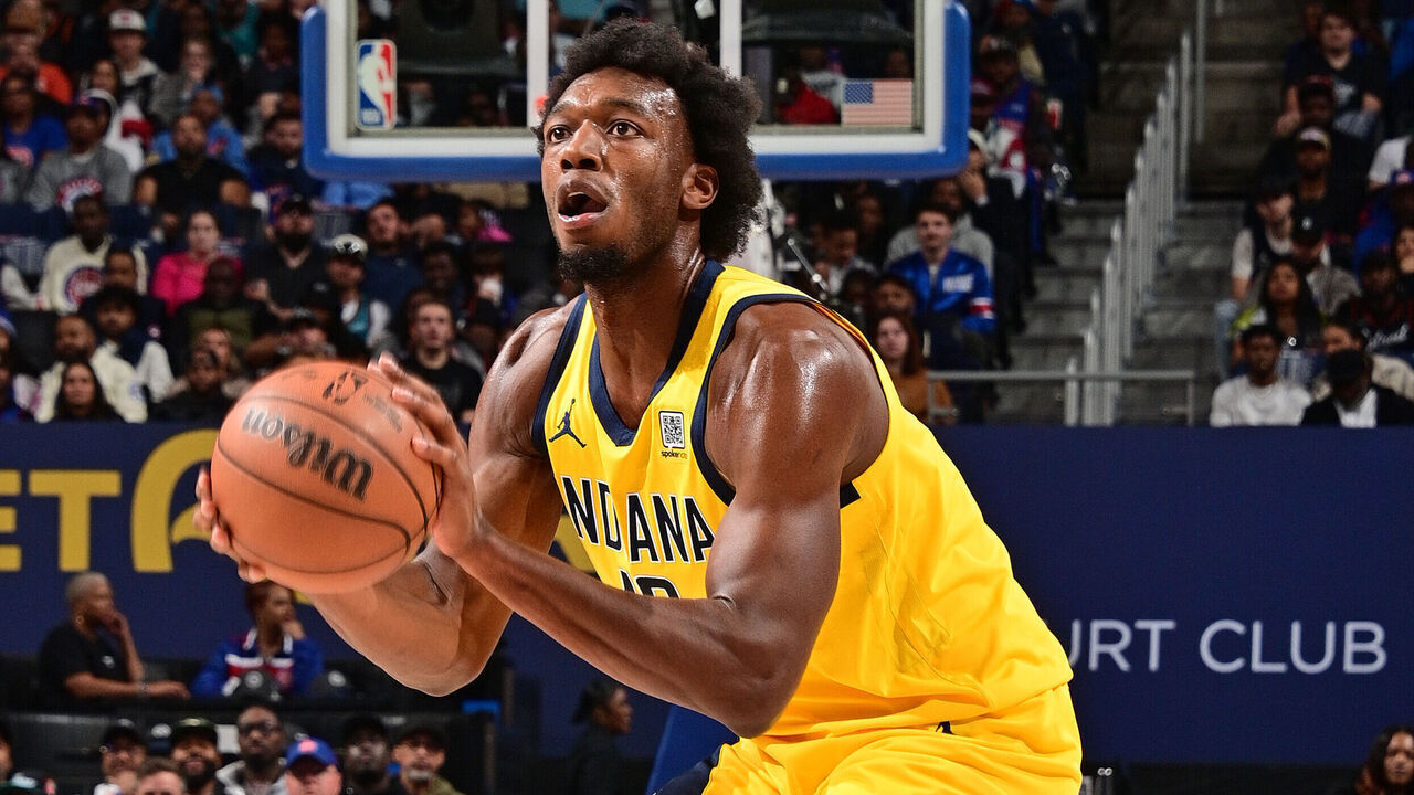 DETROIT, MI - OCTOBER 23: James Wiseman #13 of the Indiana Pacers shoots a three point basket during the game against the Detroit Pistons on October 23, 2024 at Little Caesars Arena in Detroit, Michigan. NOTE TO USER: User expressly acknowledges and agrees that, by downloading and/or using this photograph, User is consenting to the terms and conditions of the Getty Images License Agreement. Mandatory Copyright Notice: Copyright 2024 NBAE