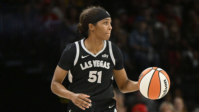 LAS VEGAS, NV - OCTOBER 6: Sydney Colson #51 of the Las Vegas Aces dribbles the ball during the game against the New York Liberty during Round 2 Game 4 of the 2024 WNBA Playoffs on October 6, 2024 at Michelob ULTRA Arena in Las Vegas, Nevada. Mandatory Copyright Notice: Copyright 2024 NBAE