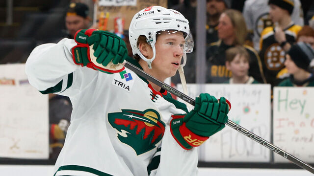 BOSTON, MASSACHUSETTS - FEBRUARY 4: Matt Boldy #12 of the Minnesota Wild warms up prior to a game against the Boston Bruins at the TD Garden on February 4, 2025 in Boston, Massachusetts.