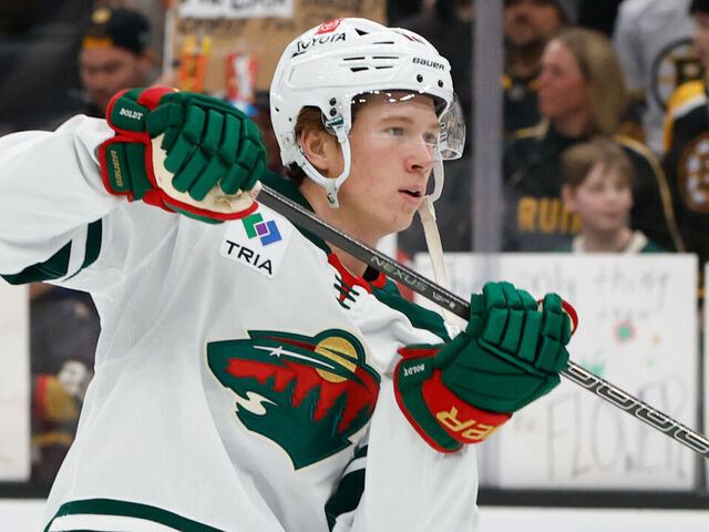 BOSTON, MASSACHUSETTS - FEBRUARY 4: Matt Boldy #12 of the Minnesota Wild warms up prior to a game against the Boston Bruins at the TD Garden on February 4, 2025 in Boston, Massachusetts.