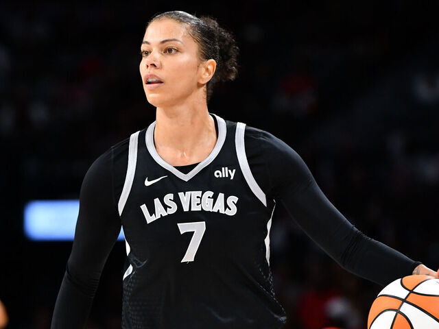 LAS VEGAS, NV - SEPTEMBER 22: Alysha Clark #7 of the Las Vegas Aces dribbles the ball during the game against the Seattle Storm during Round one Game one of the 2024 WNBA Playoffs on September 22, 2024 at Michelob ULTRA Arena in Las Vegas, Nevada. Mandatory Copyright Notice: Copyright 2024 NBAE