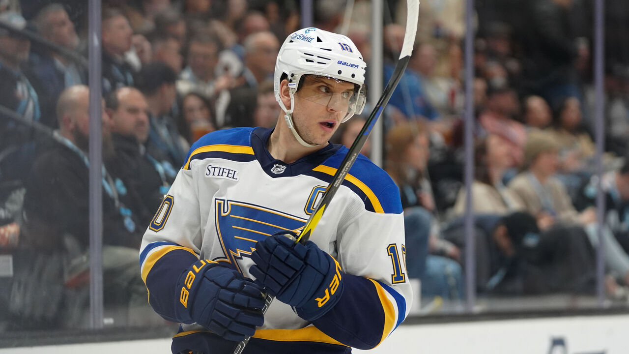SALT LAKE CITY, UT - FEBRUARY 02: St. Louis Blues center Brayden Schenn (10) as seen during an NHL game between the St. Louis Blues and the Utah Hockey Club on February 2, 2025 at the Delta Center in Salt Lake City, UT.