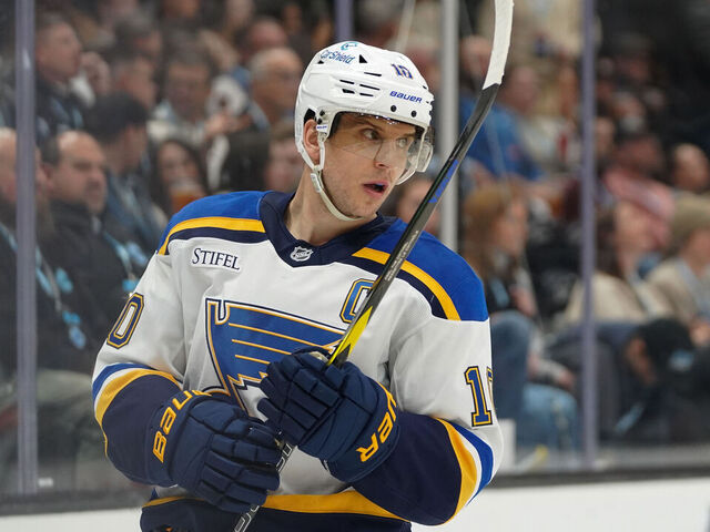 SALT LAKE CITY, UT - FEBRUARY 02: St. Louis Blues center Brayden Schenn (10) as seen during an NHL game between the St. Louis Blues and the Utah Hockey Club on February 2, 2025 at the Delta Center in Salt Lake City, UT.