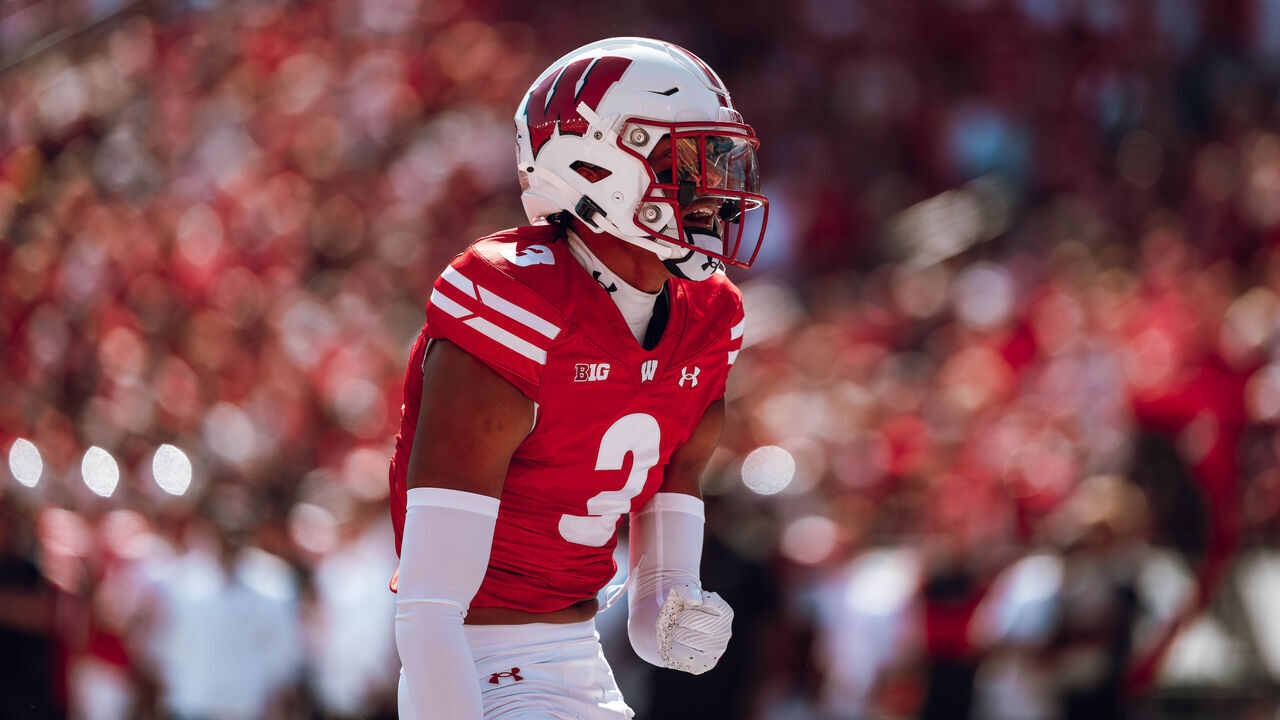 Wisconsin Badgers cornerback Nyzier Fourqurean #3 celebrates a defensive stop against the South Dakota Coyotes at Camp Randall Stadium in Madison, Wisconsin, on September 7, 2024.