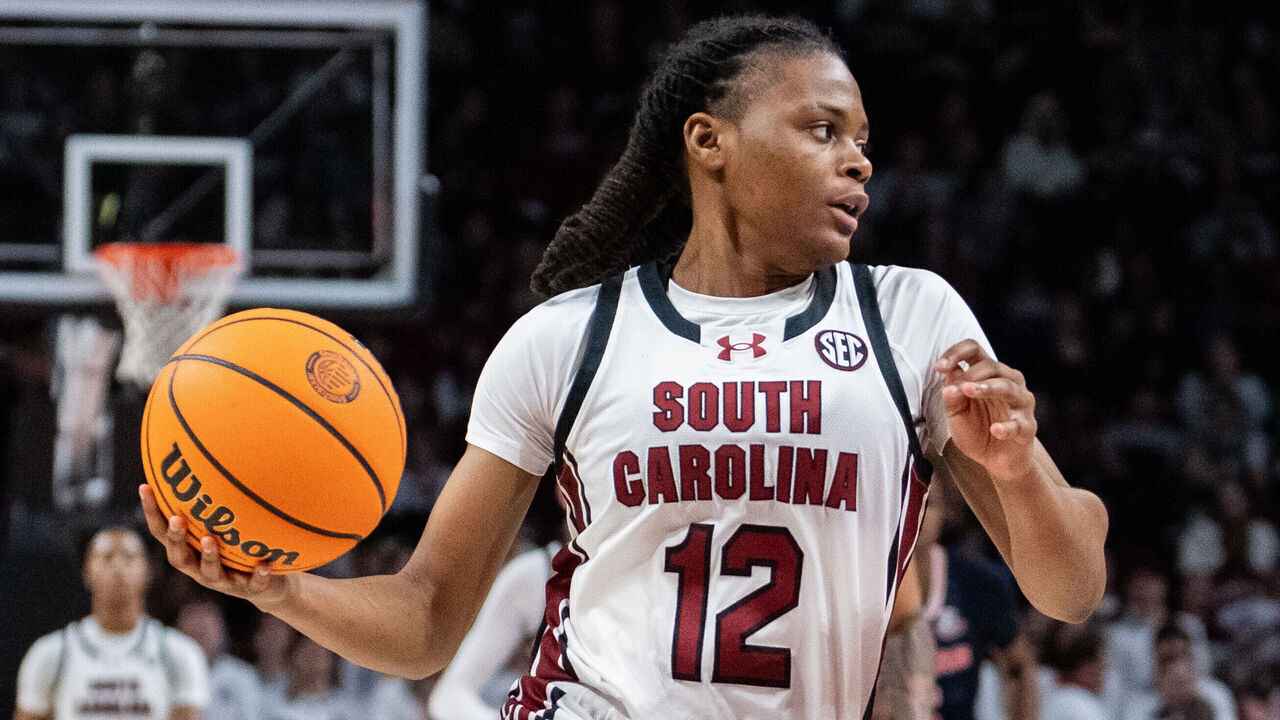 COLUMBIA, SOUTH CAROLINA - FEBRUARY 02: MiLaysia Fulwiley #12 of the South Carolina Gamecocks plays against the Auburn Tigers during their game at Colonial Life Arena on February 02, 2025 in Columbia, South Carolina.