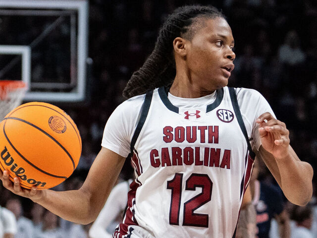 COLUMBIA, SOUTH CAROLINA - FEBRUARY 02: MiLaysia Fulwiley #12 of the South Carolina Gamecocks plays against the Auburn Tigers during their game at Colonial Life Arena on February 02, 2025 in Columbia, South Carolina.