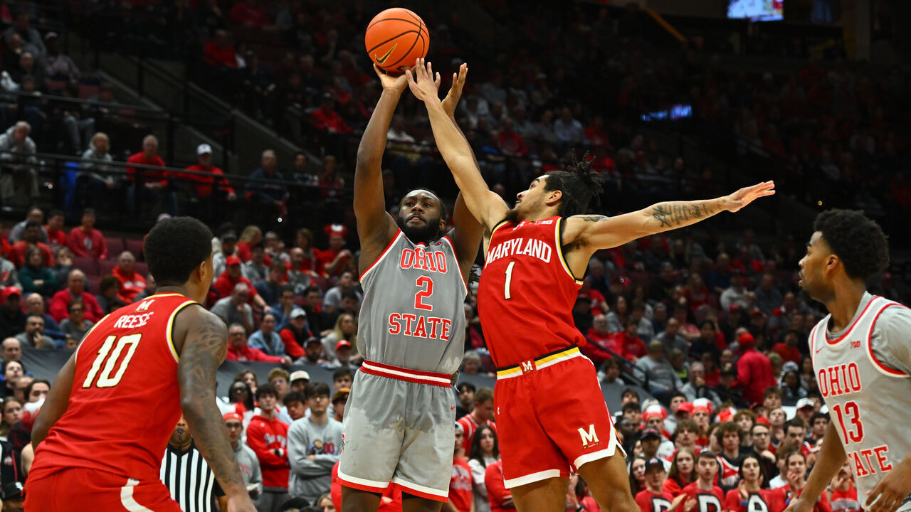 COLUMBUS, OHIO - FEBRUARY 6: Bruce Thornton #2 of the Ohio State Buckeyes shoots the ball as Rodney Rice #1 of the Maryland Terrapins defends during the second half of a game at Value City Arena on February 6, 2025 in Columbus, Ohio.