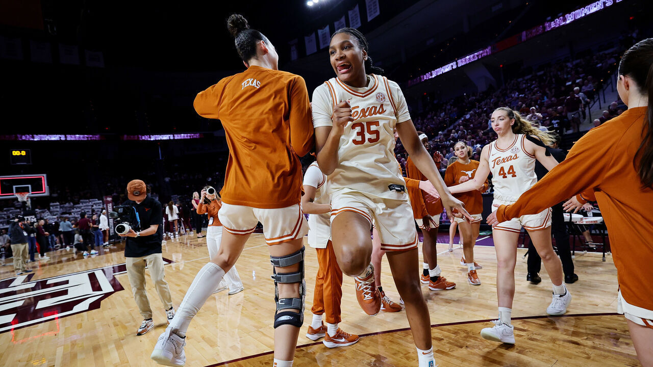 COLLEGE STATION, TEXAS - FEBRUARY 02: Madison Booker #35 of the Texas Longhorns takes the court before a game against the Texas A&M Aggies at Reed Arena on February 02, 2025 in College Station, Texas.