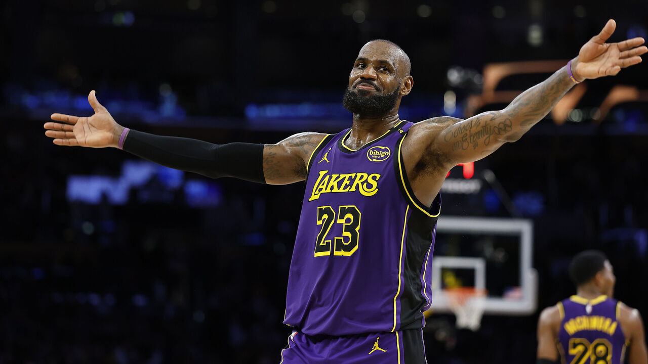 LOS ANGELES, CALIFORNIA - FEBRUARY 06: LeBron James #23 of the Los Angeles Lakers reacts during a 120-112 win against the Golden State Warriors in the second half at Crypto.com Arena on February 06, 2025 in Los Angeles, California.