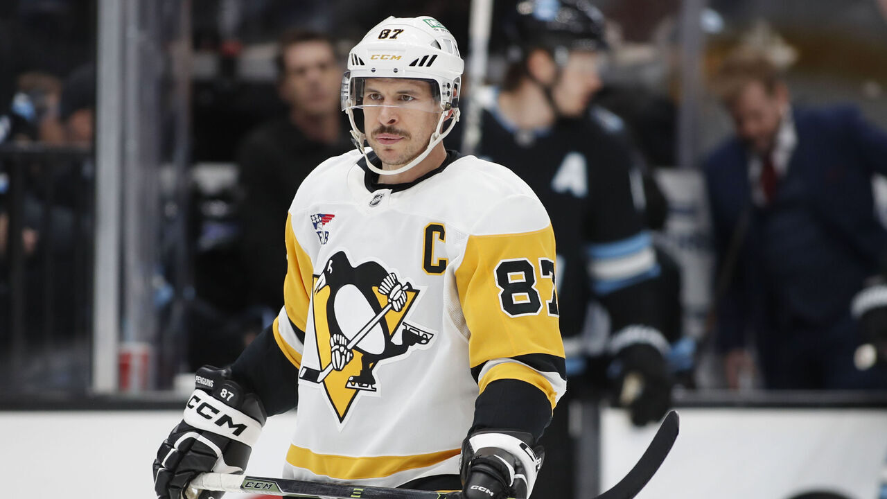SALT LAKE CITY UT - JANUARY 29: Sidney Crosby #87 of the Pittsburgh Penguins skates to the a faceoff against the Utah Hockey Club during the first period of their game at the Delta Center on January 29, 2025 in Salt Lake City, Utah.