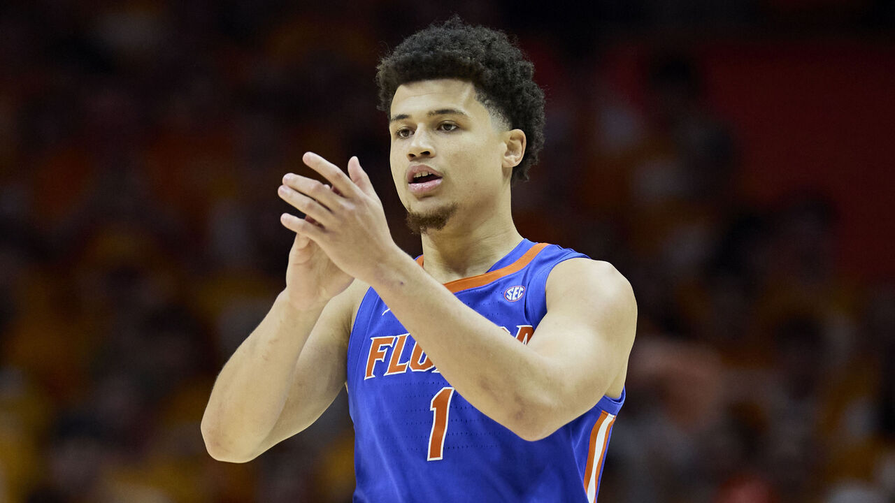 KNOXVILLE, TENNESSEE - FEBRUARY 01: Walter Clayton Jr. #1 of the Florida Gators reacts to a play during the first half against the Tennessee Volunteers at Thompson-Boling Arena on February 01, 2025 in Knoxville, Tennessee.
