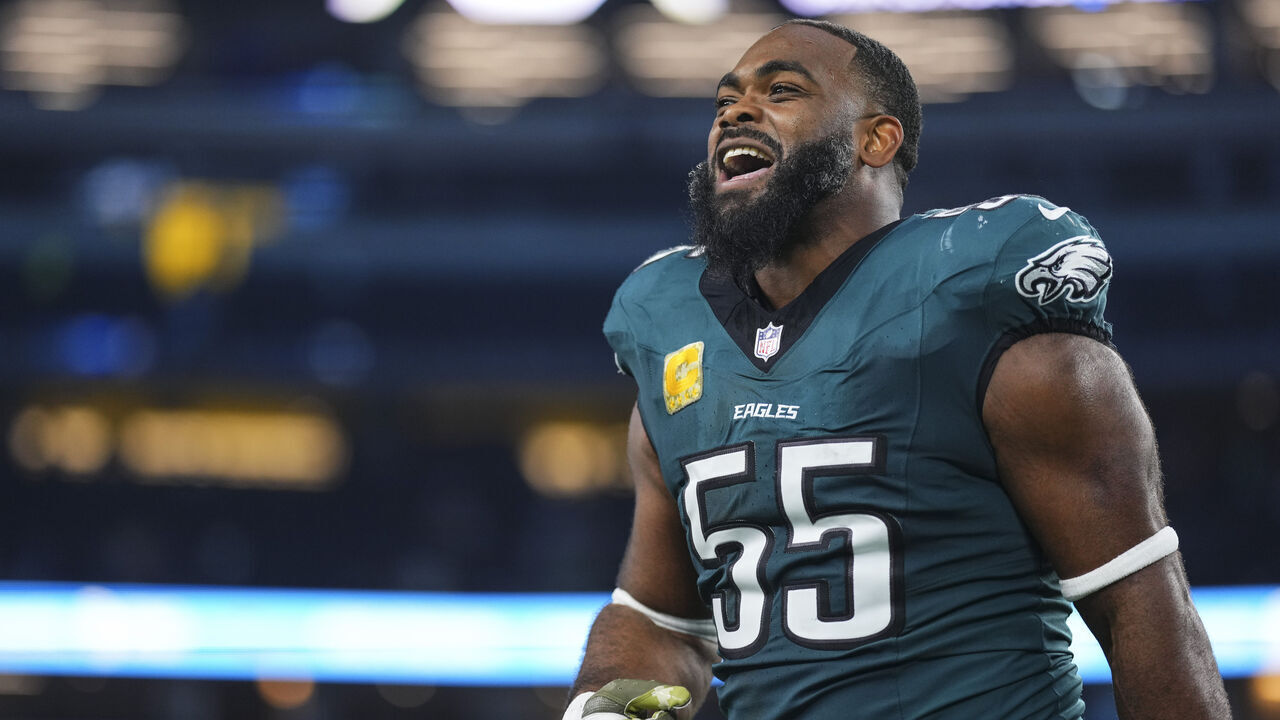 ARLINGTON, TX - NOVEMBER 10: Brandon Graham #55 of the Philadelphia Eagles celebrates after an NFL football game against the Dallas Cowboys at AT&T Stadium on November 10, 2024 in Arlington, Texas.