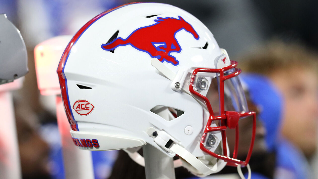 CHARLOTTE, NC - DECEMBER 07: SMU helmet during the ACC championship football game between the SMU Mustangs and the Clemson Tigers on December 7, 2024 at Bank of America Stadium in Charlotte N.C.