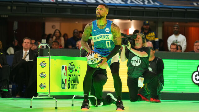 INDIANAPOLIS, IN - FEBRUARY 17: Damian Lillard #0 of the Milwaukee Bucks shoots a three point basket during the Starry 3-Point Contest as a part of State Farm All-Star Saturday Night on Saturday, February 17, 2024 at Lucas Oil Stadium in Indianapolis, Indiana. NOTE TO USER: User expressly acknowledges and agrees that, by downloading and/or using this Photograph, user is consenting to the terms and conditions of the Getty Images License Agreement. Mandatory Copyright Notice: Copyright 2024 NBAE