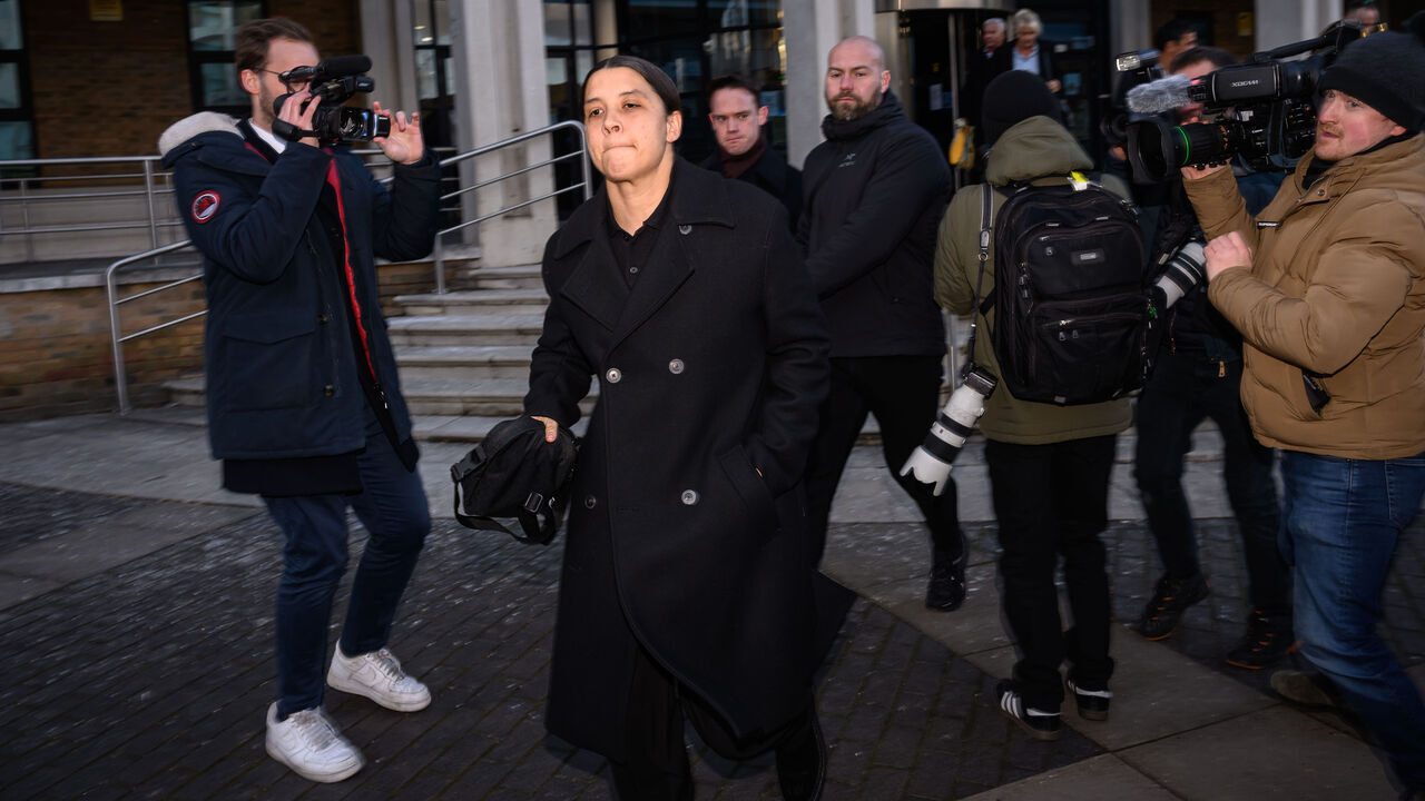 KINGSTON UPON THAMES, ENGLAND - FEBRUARY 06: Australian footballer Sam Kerr leaves Kingston Crown Court on February 06, 2025 in Kingston upon Thames, England. The Matildas star, who also plays professionally for Chelsea in the Women's Super League, is facing charges of "racially aggravated harassment" of a police officer related to an incident in Twickenham on January 30, 2023.