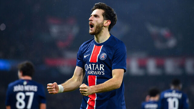 PARIS, FRANCE - FEBRUARY 07: Khvicha Kvaratskhelia of PSG celebrates after scoring his team's second goal during the Ligue 1 match between Paris Saint-Germain FC and AS Monaco FC at Parc des Princes on February 07, 2025 in Paris, France.