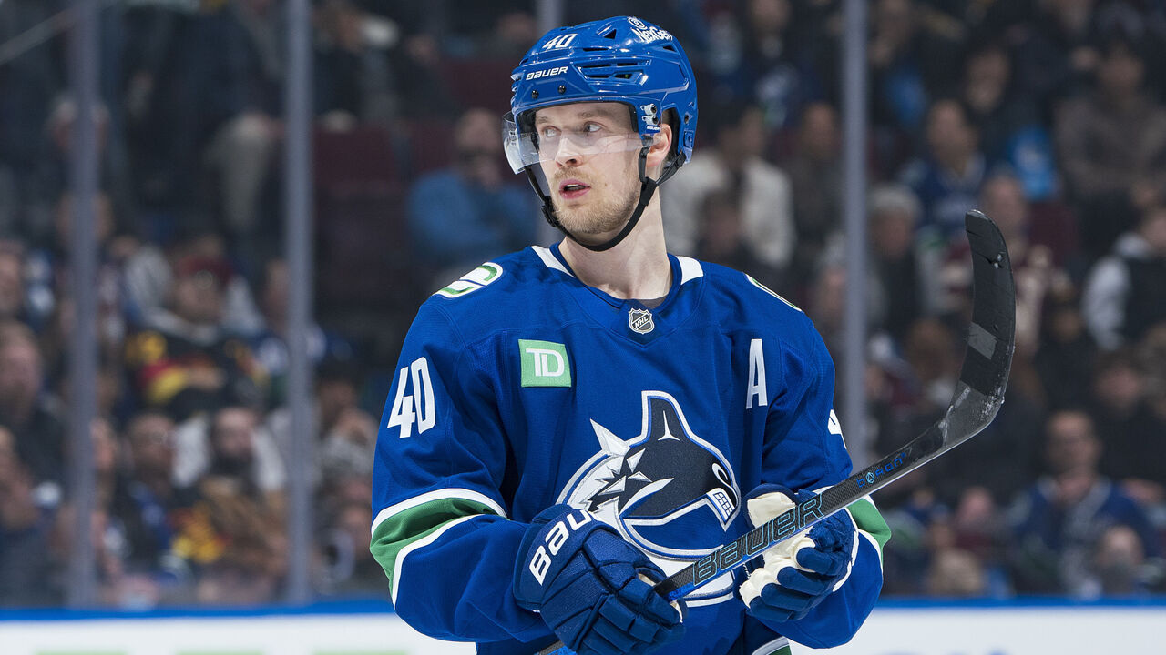VANCOUVER, CANADA - FEBRUARY 4: Elias Pettersson #40 of the Vancouver Canucks lines up for a face off during their NHL game against the Colorado Avalanche at Rogers Arena on February 4, 2025 in Vancouver, British Columbia, Canada.