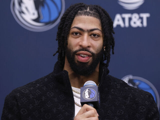 DALLAS, TEXAS - FEBRUARY 7: Anthony Davis speaks with the media during a press conference at the Dallas Mavericks Practice Facility on February 7, 2025 in Dallas, Texas.
