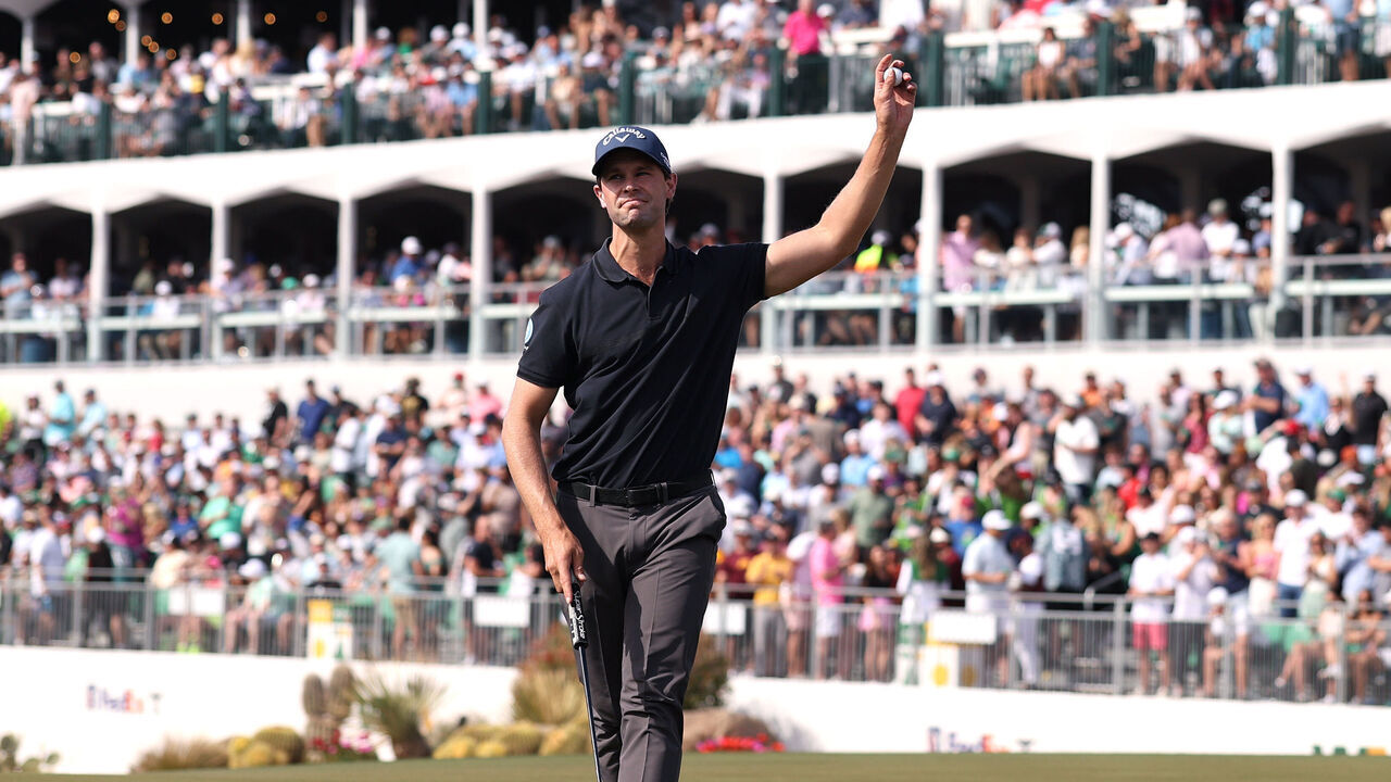 SCOTTSDALE, ARIZONA - FEBRUARY 07: Thomas Detry of Belgium acknowledges the crowd on the 16th green during the second round of the WM Phoenix Open 2025 at TPC Scottsdale on February 07, 2025 in Scottsdale, Arizona.