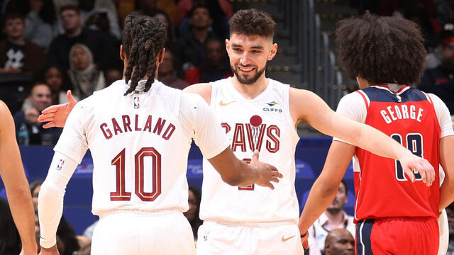 WASHINGTON, DC - FEBRUARY 7: Darius Garland #10 and Ty Jerome #2 of the Cleveland Cavaliers high five during the game against the Washington Wizards on February 7, 2025 at Capital One Arena in Washington, DC. Mandatory Copyright Notice: Copyright 2025 NBAE