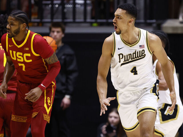 WEST LAFAYETTE, IN - FEBRUARY 07: Purdue Boilermakers forward Trey Kaufman-Renn (4) reacts after making his shot uring a men's college basketball game between the USC Trojans and the Purdue Boilermakers on February 07, 2025, at Mackey Arena in West Lafayette, IN.