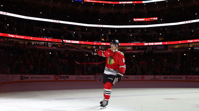 CHICAGO, ILLINOIS - FEBRUARY 07: Ryan Donato #8 of the Chicago Blackhawks is named number one player of the game after the Blackhawks defeat the Nashville Predators 6-2 at the United Center on February 07, 2025 in Chicago, Illinois.