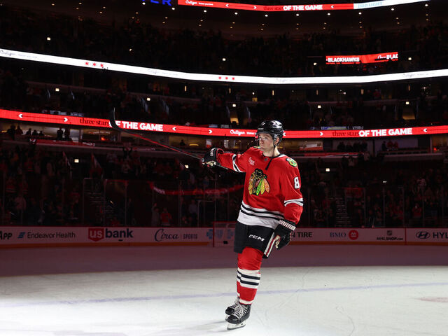 CHICAGO, ILLINOIS - FEBRUARY 07: Ryan Donato #8 of the Chicago Blackhawks is named number one player of the game after the Blackhawks defeat the Nashville Predators 6-2 at the United Center on February 07, 2025 in Chicago, Illinois.