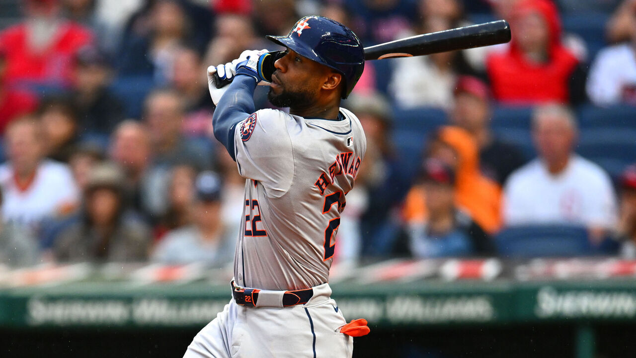 CLEVELAND, OH - SEPTEMBER 28: Jason Heyward #22 of the Houston Astros bats during the game between the Houston Astros and the Cleveland Guardians at Progressive Field on Saturday, September 28, 2024 in Cleveland, Ohio.