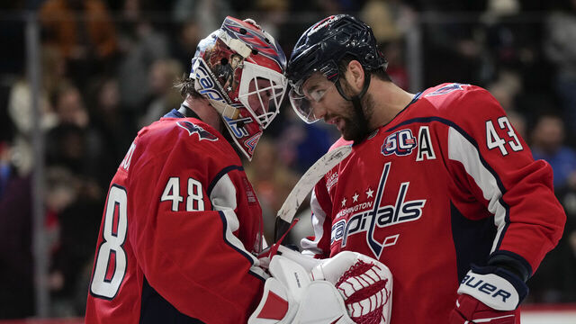 WASHINGTON, DC - JANUARY 04: Logan Thompson #48 and Tom Wilson #43 of the Washington Capitals celebrate after the team wins a game against the New York Rangers at Capital One Arena on January 04, 2025 in Washington, D.C.