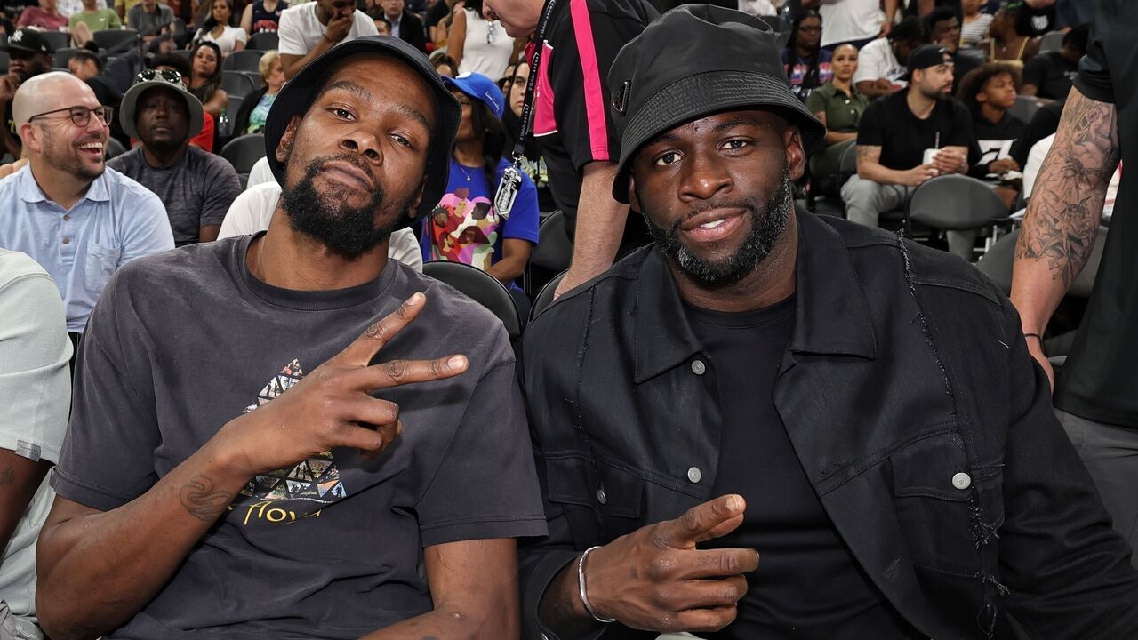LAS VEGAS, NV - AUGUST 7: Draymond Green #23 of the Golden State Warriors and Kevin Durant #35 of the Phoenix Suns pose for a photo during the 2023 FIBA World Cup exhibition game between the Senior Men's National Team and the Puerto Rican National Team on August 7, 2023 at the T-Mobile Arena in Las Vegas, Nevada. Mandatory Copyright Notice: Copyright 2023 NBAE