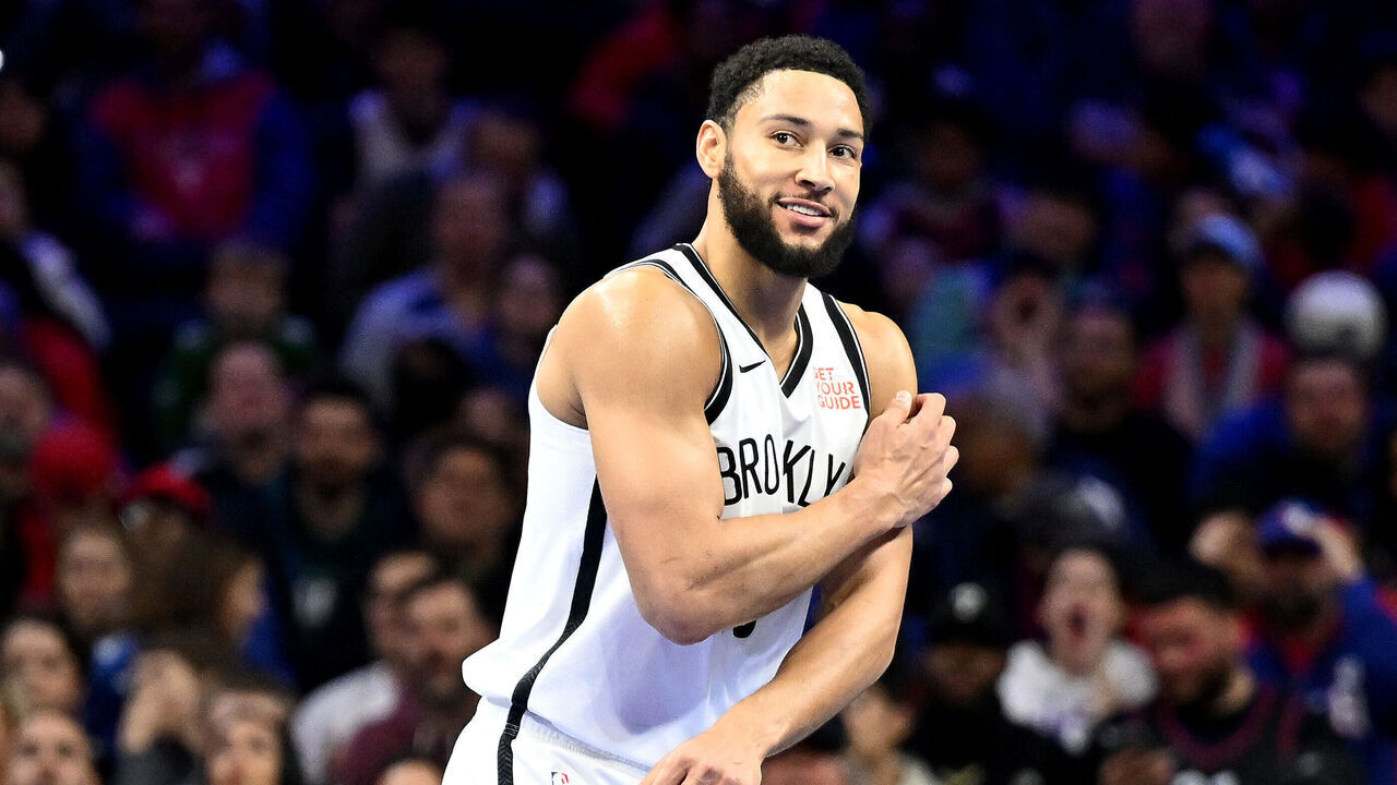 PHILADELPHIA, PENNSYLVANIA - NOVEMBER 22: Ben Simmons #10 of the Brooklyn Nets reacts after throwing the ball out of bounds in the third quarter against the Philadelphia 76ers during the NBA Emirates Cup at the Wells Fargo Center on November 22, 2024 in Philadelphia, Pennsylvania.