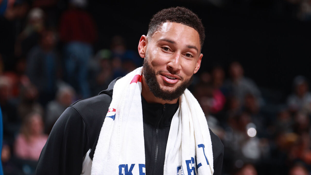 BROOKLYN, NY - OCTOBER 12: Ben Simmons #10 of the Brooklyn Nets smiles during the game on October 12, 2023 at Barclays Center in Brooklyn, New York. Mandatory Copyright Notice: Copyright 2023 NBAE