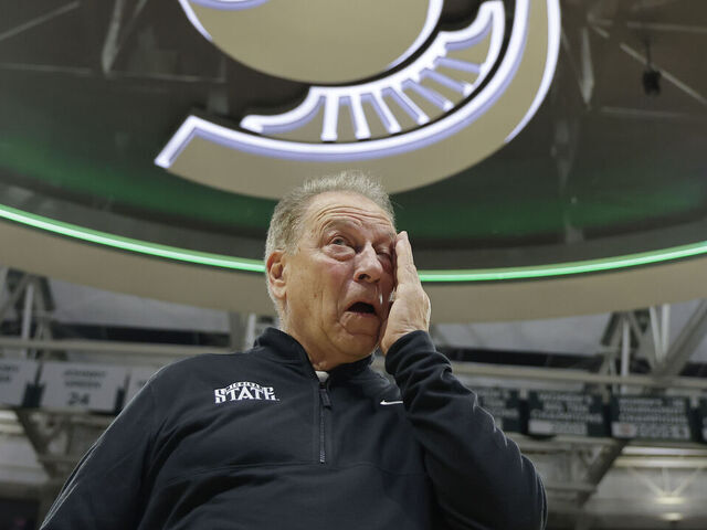 EAST LANSING, MICHIGAN - FEBRUARY 8: Head coach Tom Izzo of the Michigan State Spartans reacts after his 86-74 win over the Oregon Ducks at Breslin Center on February 8, 2025 in East Lansing, Michigan.