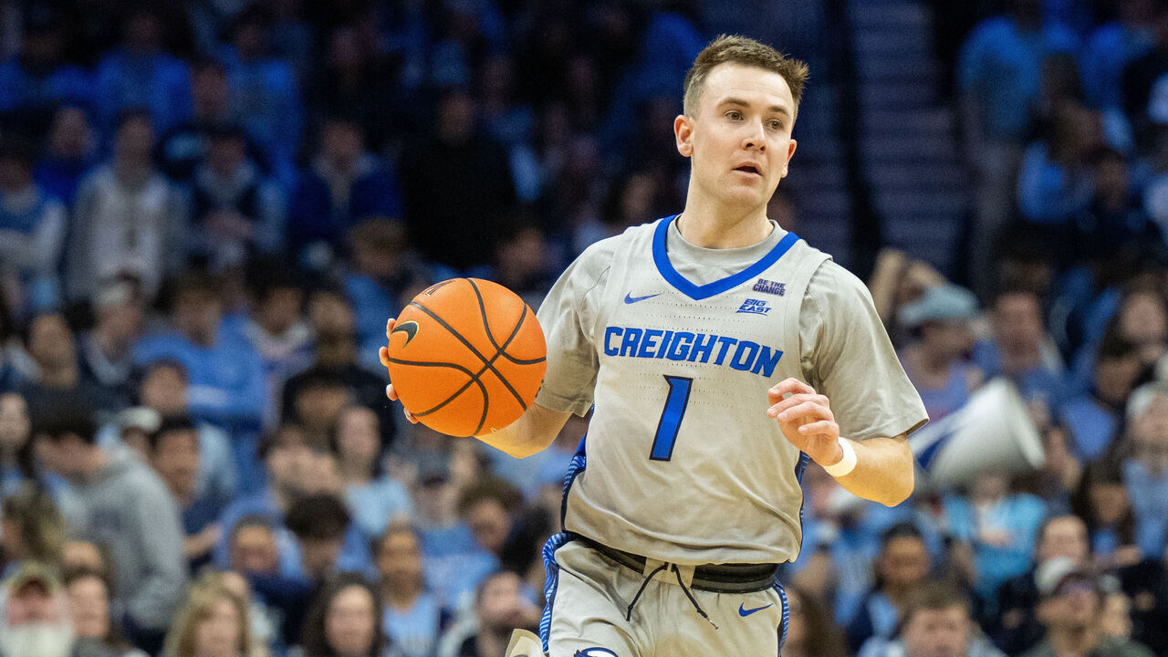 PHILADELPHIA, PA - FEBRUARY 01: Creighton Bluejays guard Steven Ashworth (1) dribbles the ball during the game between the Villanova University Wildcats and the Creighton University Bluejays on February 1st, 2025 at the Wells Fargo Center in Philadelphia, PA.