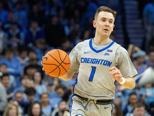 PHILADELPHIA, PA - FEBRUARY 01: Creighton Bluejays guard Steven Ashworth (1) dribbles the ball during the game between the Villanova University Wildcats and the Creighton University Bluejays on February 1st, 2025 at the Wells Fargo Center in Philadelphia, PA.
