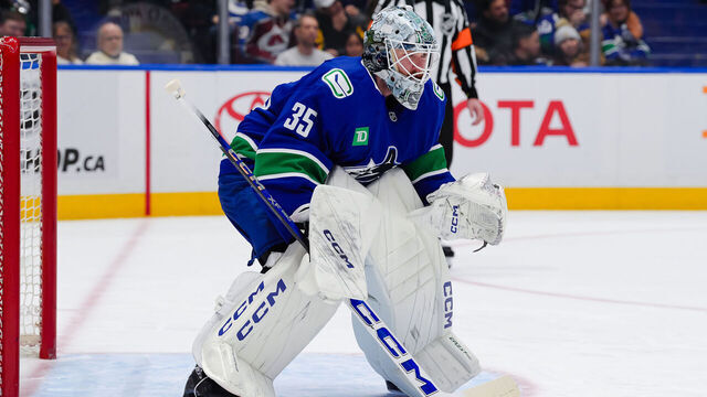 VANCOUVER, CANADA - FEBRUARY 4: Thatcher Demko #35 of the Vancouver Canucks tends net during the second period against the Colorado Avalanche at Rogers Arena on February 4, 2025 in Vancouver, British Columbia, Canada.