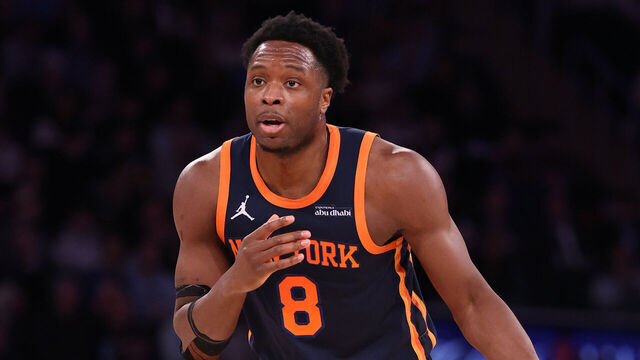 NEW YORK, NEW YORK - JANUARY 29: OG Anunoby #8 of the New York Knicks in action agains the Denver Nuggets during their game at Madison Square Garden on January 29, 2025 in New York City. User expressly acknowledges and agrees that, by downloading and or using this photograph, User is consenting to the terms and conditions of the Getty Images License Agreement.