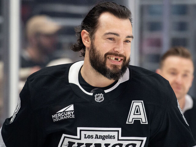 LOS ANGELES, CA - FEBRUARY 7: Drew Doughty #8 of the Los Angeles Kings smiles during warm ups prior to the game against the Dallas Stars at Crypto.com Arena on February 7, 2025 in Los Angeles, California.